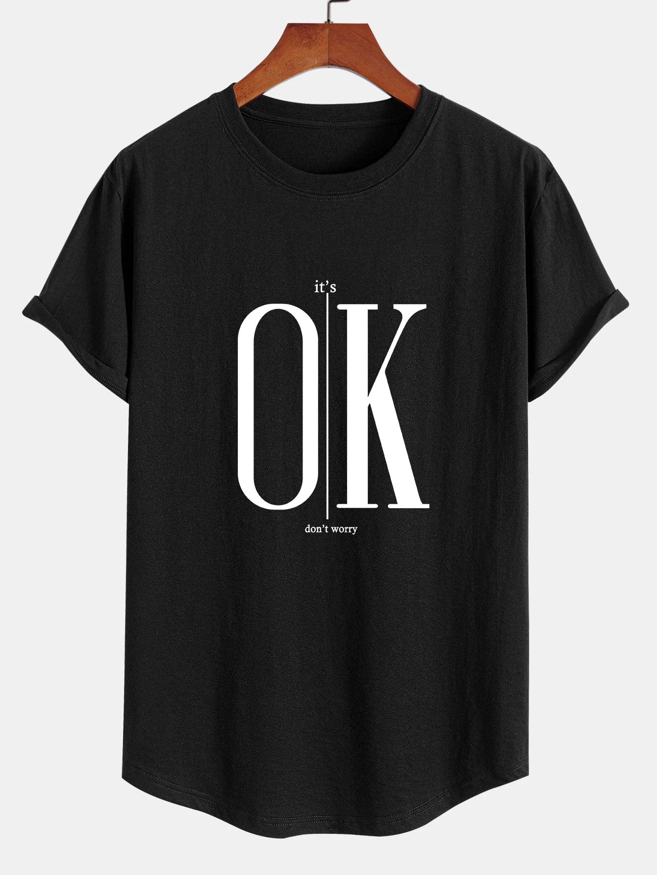 Brett® | Ok Slogan Print Cotton Arc Hem T-Shirt