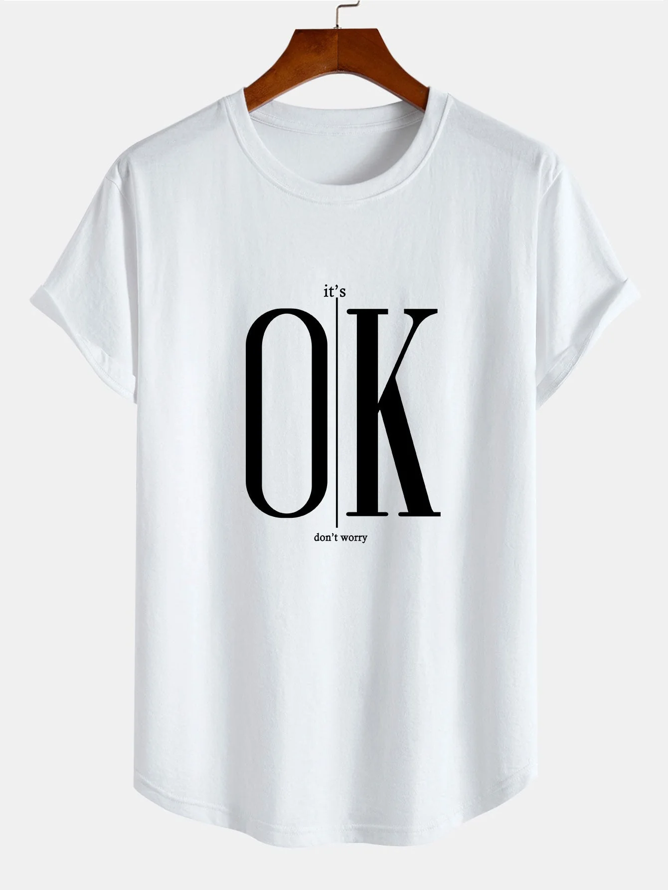 Brett® | Ok Slogan Print Cotton Arc Hem T-Shirt - Image 2