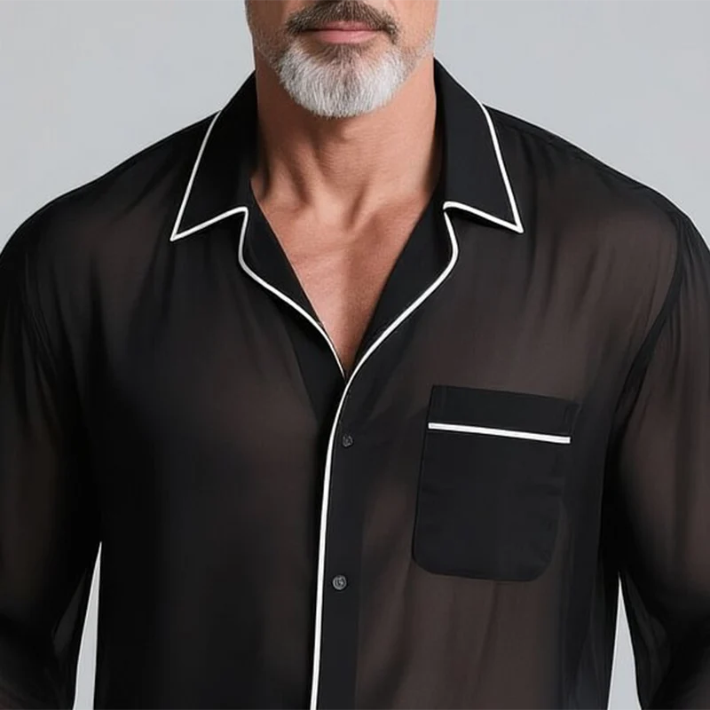 Brian | Men'S Black Chiffon White Trim Lapel Single-Breasted Long-Sleeved Shirt - Image 2