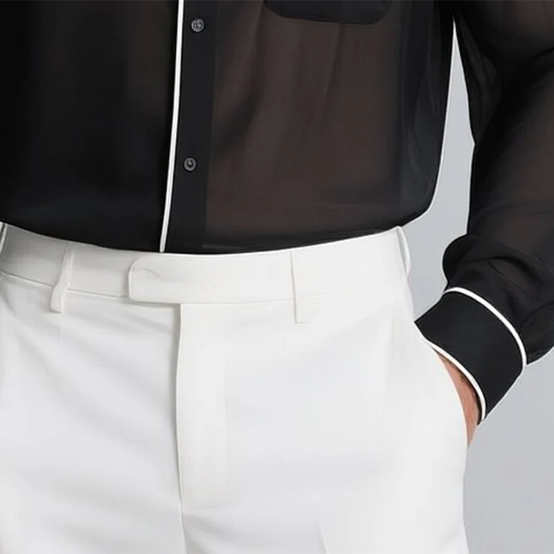 Brian | Men'S Black Chiffon White Trim Lapel Single-Breasted Long-Sleeved Shirt - Image 3