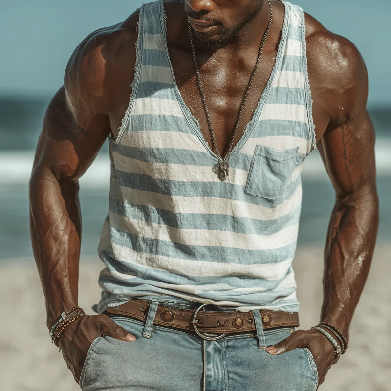 Brian | Men'S Casual Raw Edge Deep V-Neck Colorblock Striped Tank Top - Image 2