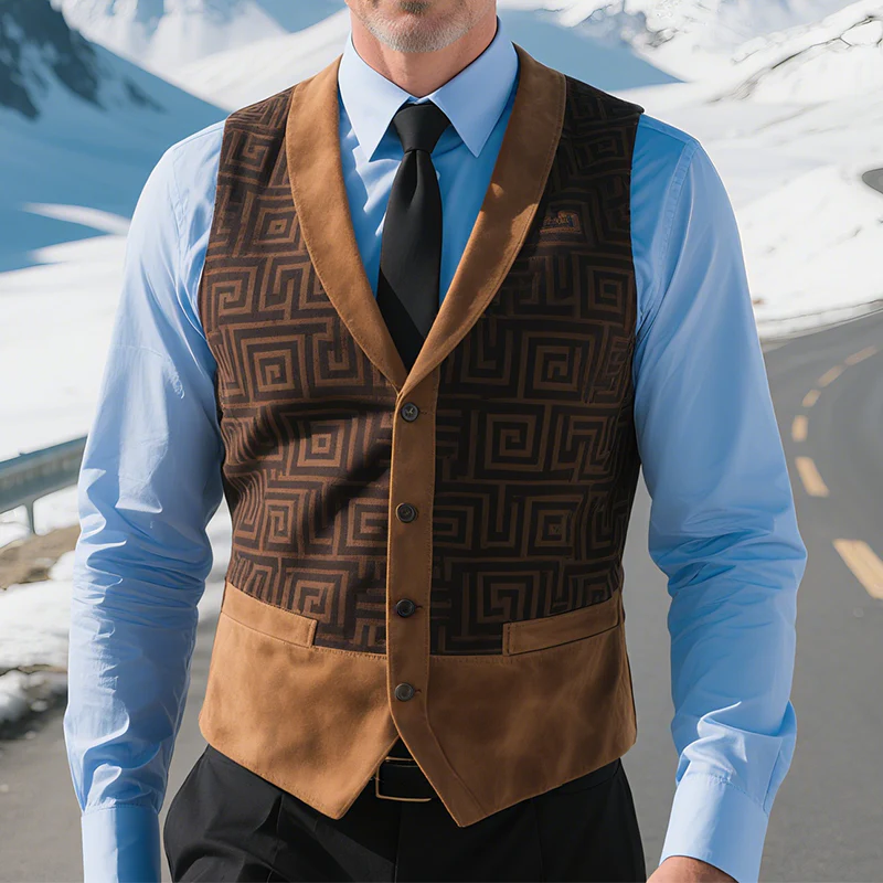 Brian | Men'S Retro Casual Herringbone Printed Suede Geometric Colorblock Vest - Image 2