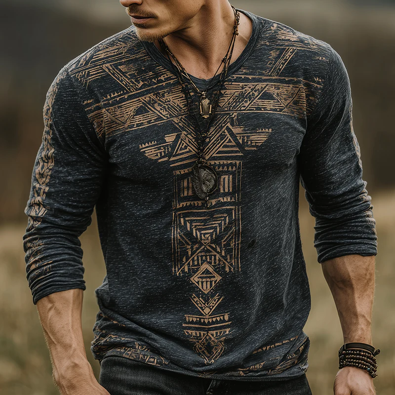 Brian | Men'S Retro Casual Wilderness Ethnic Style Printed Round Neck Long Sleeve T-Shirt - Image 2