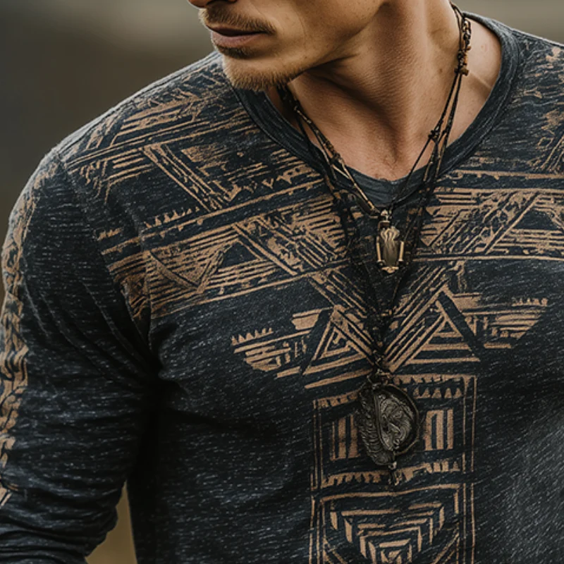 Brian | Men'S Retro Casual Wilderness Ethnic Style Printed Round Neck Long Sleeve T-Shirt - Image 3