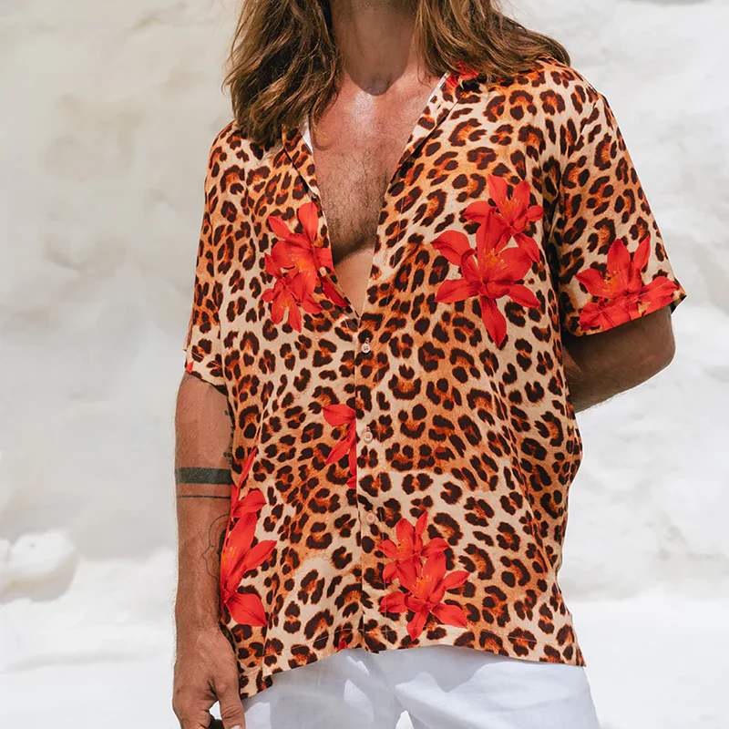 Bruno | Men'S Spring And Summer Fashion Casual Cotton Blended Printed Leopard Rose Sexy Short Sleeve Shirt - Image 2