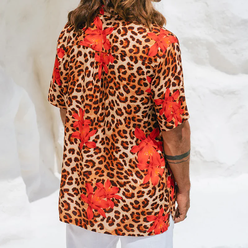 Bruno | Men'S Spring And Summer Fashion Casual Cotton Blended Printed Leopard Rose Sexy Short Sleeve Shirt - Image 4
