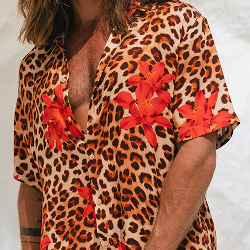 Bruno | Men'S Spring And Summer Fashion Casual Cotton Blended Printed Leopard Rose Sexy Short Sleeve Shirt - Image 5