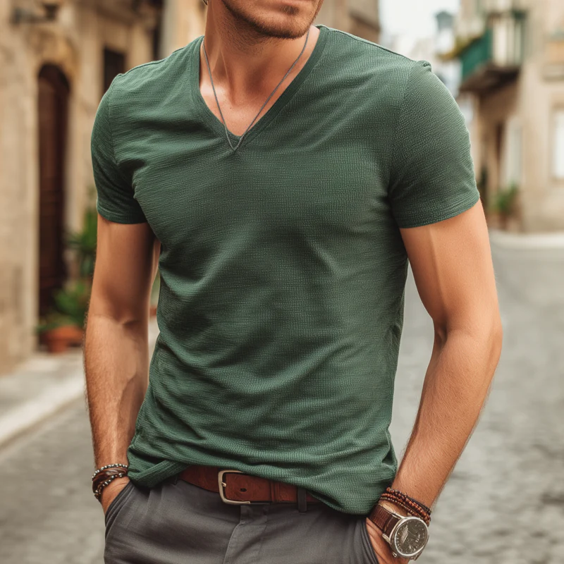 Bryan | Men'S Casual Breathable Cotton Blended Textured Fabric V-Neck Slim Short-Sleeved T-Shirt - Image 2