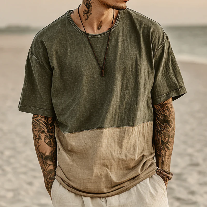 Bryan | Men'S Casual Outdoor Colorblock Patchwork Cotton Washed Distressed Round Neck Loose Short-Sleeved T-Shirt - Image 2