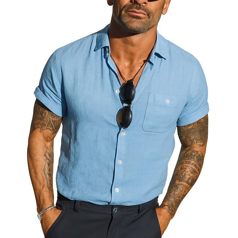 Bryan | Men'S Solid Color Cotton And Linen Blended Lapel Short-Sleeved Shirt - Image 2