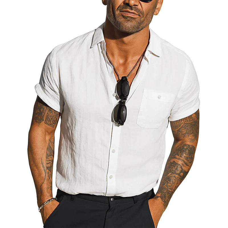 Bryan | Men'S Solid Color Cotton And Linen Blended Lapel Short-Sleeved Shirt - Image 3
