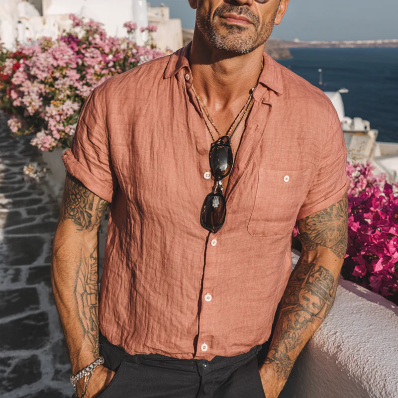 Bryan | Men'S Solid Color Cotton And Linen Blended Lapel Short-Sleeved Shirt - Image 4