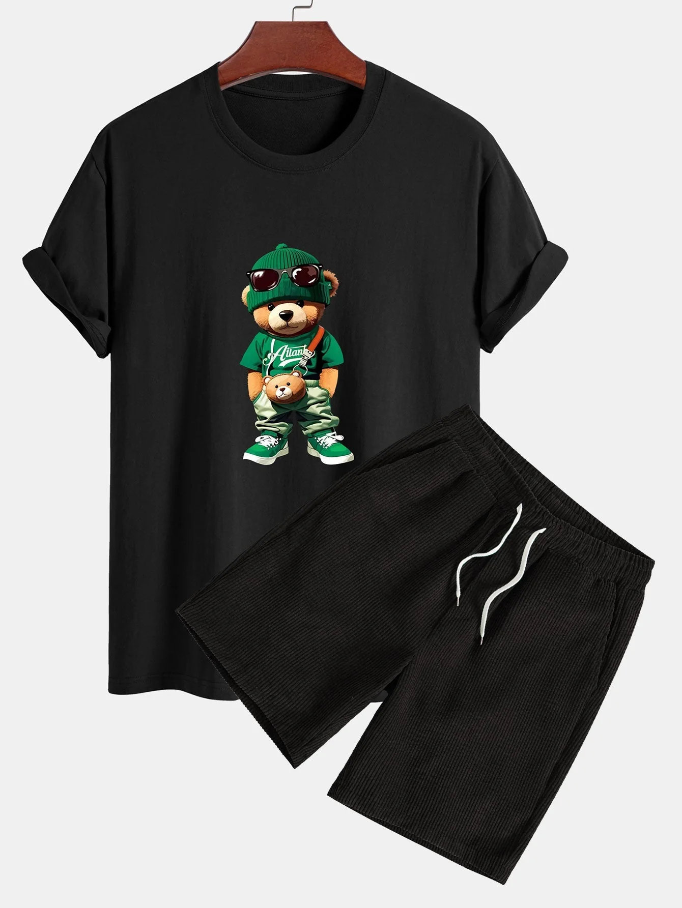 Buenaventura® | Trendy Bear Print Cotton T-Shirt & Drawstring Corduroy Shorts - Image 2