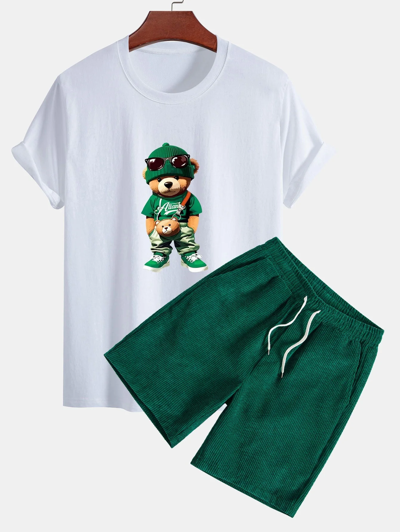 Buenaventura® | Trendy Bear Print Cotton T-Shirt & Drawstring Corduroy Shorts - Image 3