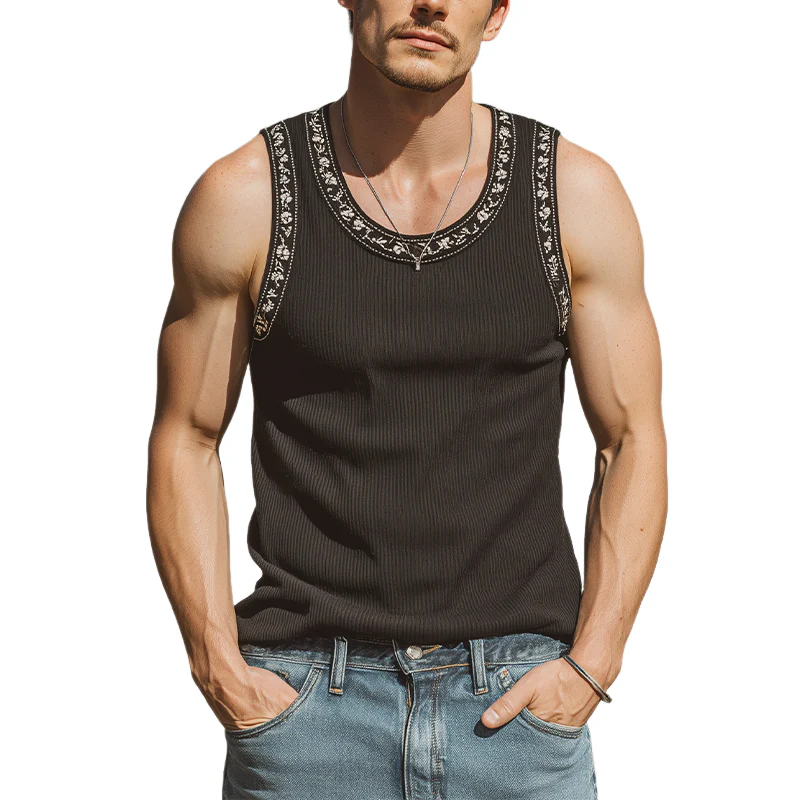 Burt | Men'S Spring And Summer Fashion Casual Striped Texture Fabric Embroidery U-Neck Slim Tank Top