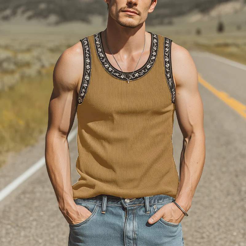 Burt | Men'S Spring And Summer Fashion Casual Striped Texture Fabric Embroidery U-Neck Slim Tank Top - Image 2