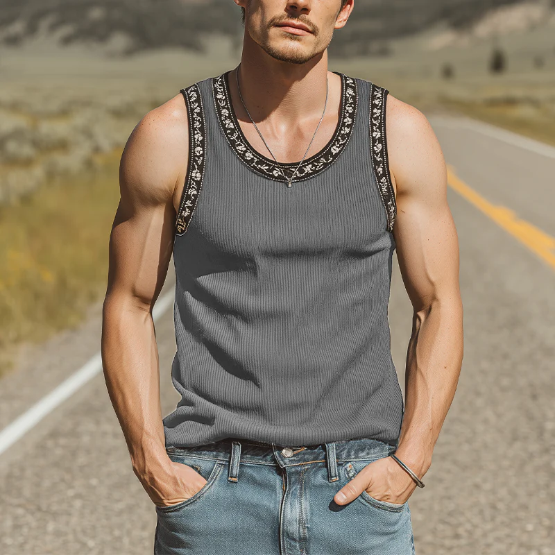 Burt | Men'S Spring And Summer Fashion Casual Striped Texture Fabric Embroidery U-Neck Slim Tank Top - Image 3