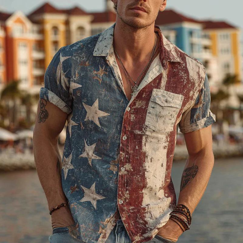 Caleb | Men'S Vintage American Flag Print Short Sleeve Shirt - Image 2