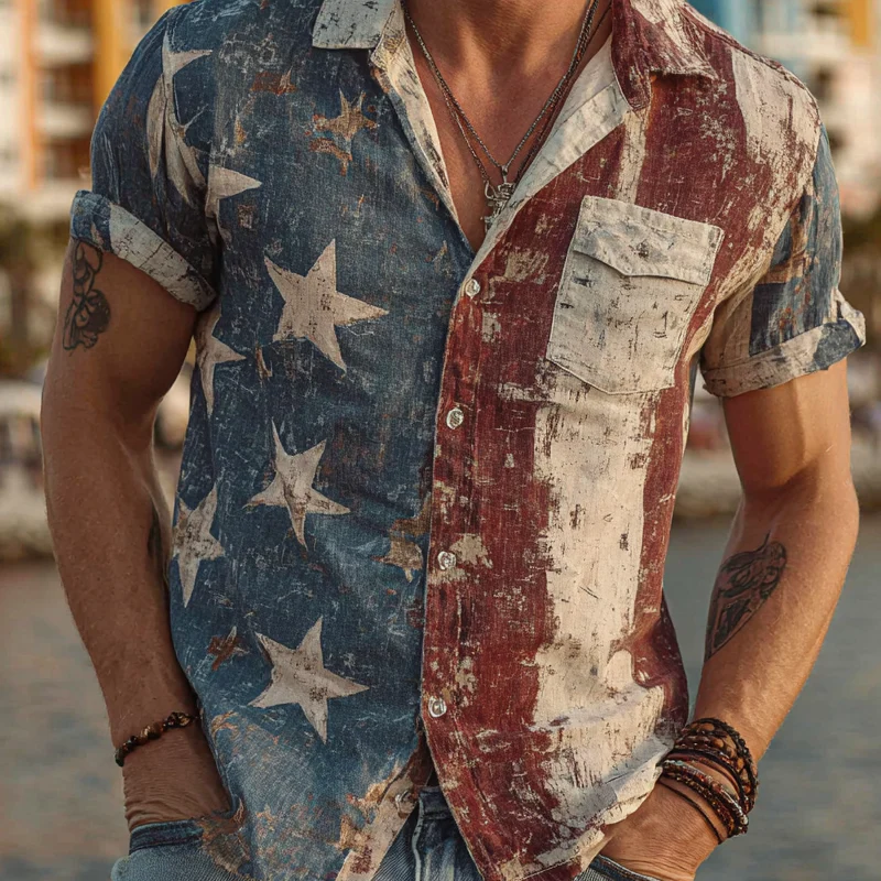 Caleb | Men'S Vintage American Flag Print Short Sleeve Shirt - Image 4