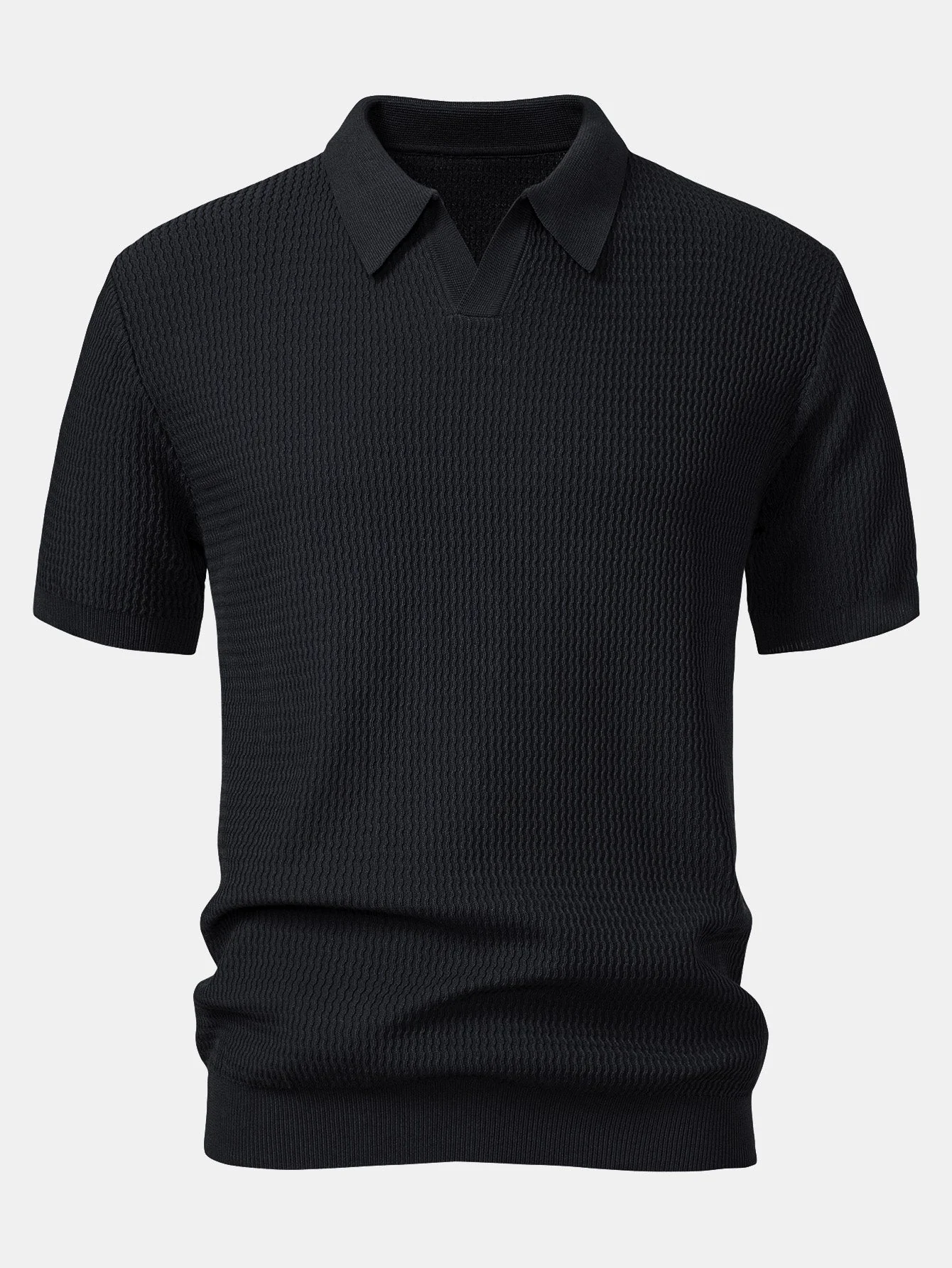 Caleb | Wave Jacquard Knit V Neck Polo Shirt - Image 8