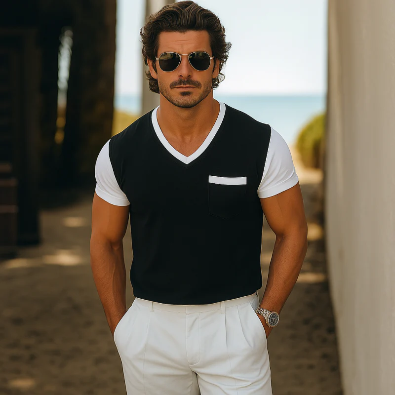 Carl | Men'S Casual Breathable Cotton Colorblock V-Neck Patch Pocket Slim Fit Short-Sleeved T-Shirt - Image 4