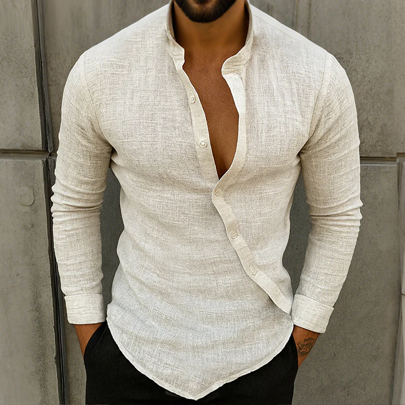 Carl | Men'S Retro Casual Linen Stand Collar Long Sleeve Shirt - Image 2