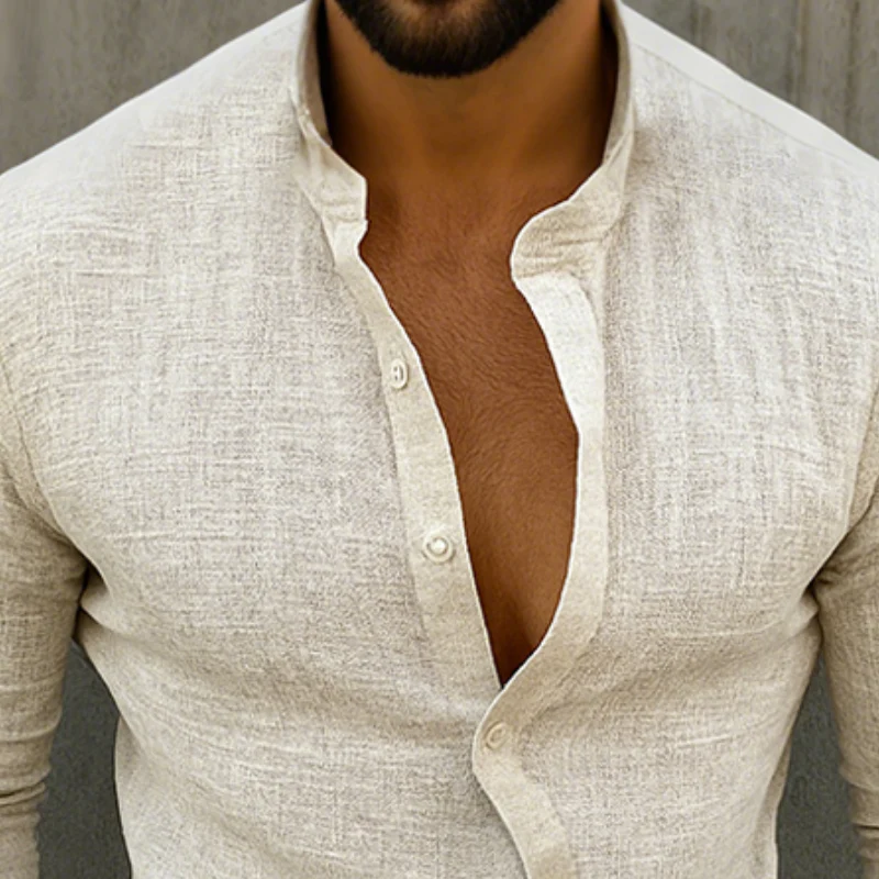 Carl | Men'S Retro Casual Linen Stand Collar Long Sleeve Shirt - Image 3