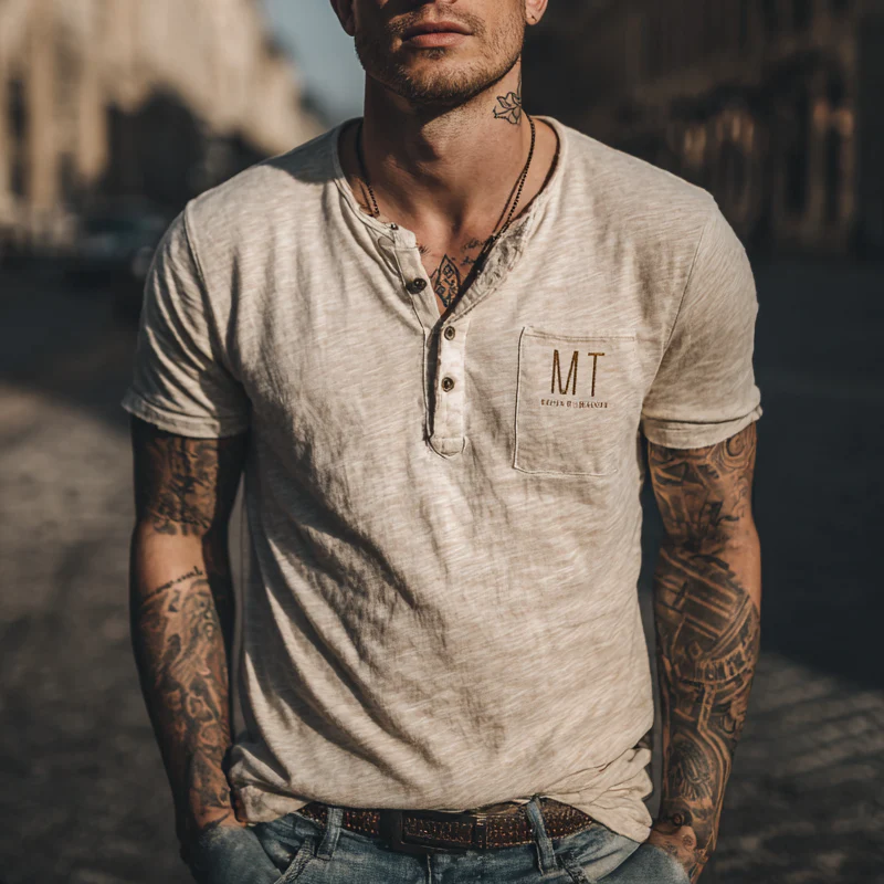 Carlos | Men'S Casual Letter Printed Henley Neck Short Sleeve T-Shirt - Image 2