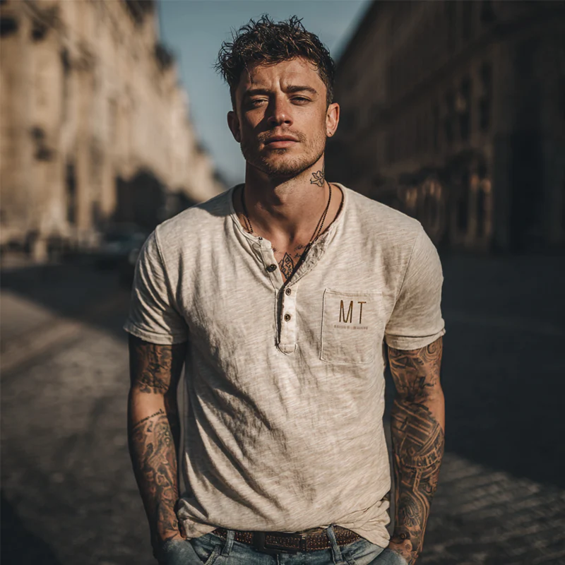 Carlos | Men'S Casual Letter Printed Henley Neck Short Sleeve T-Shirt - Image 4