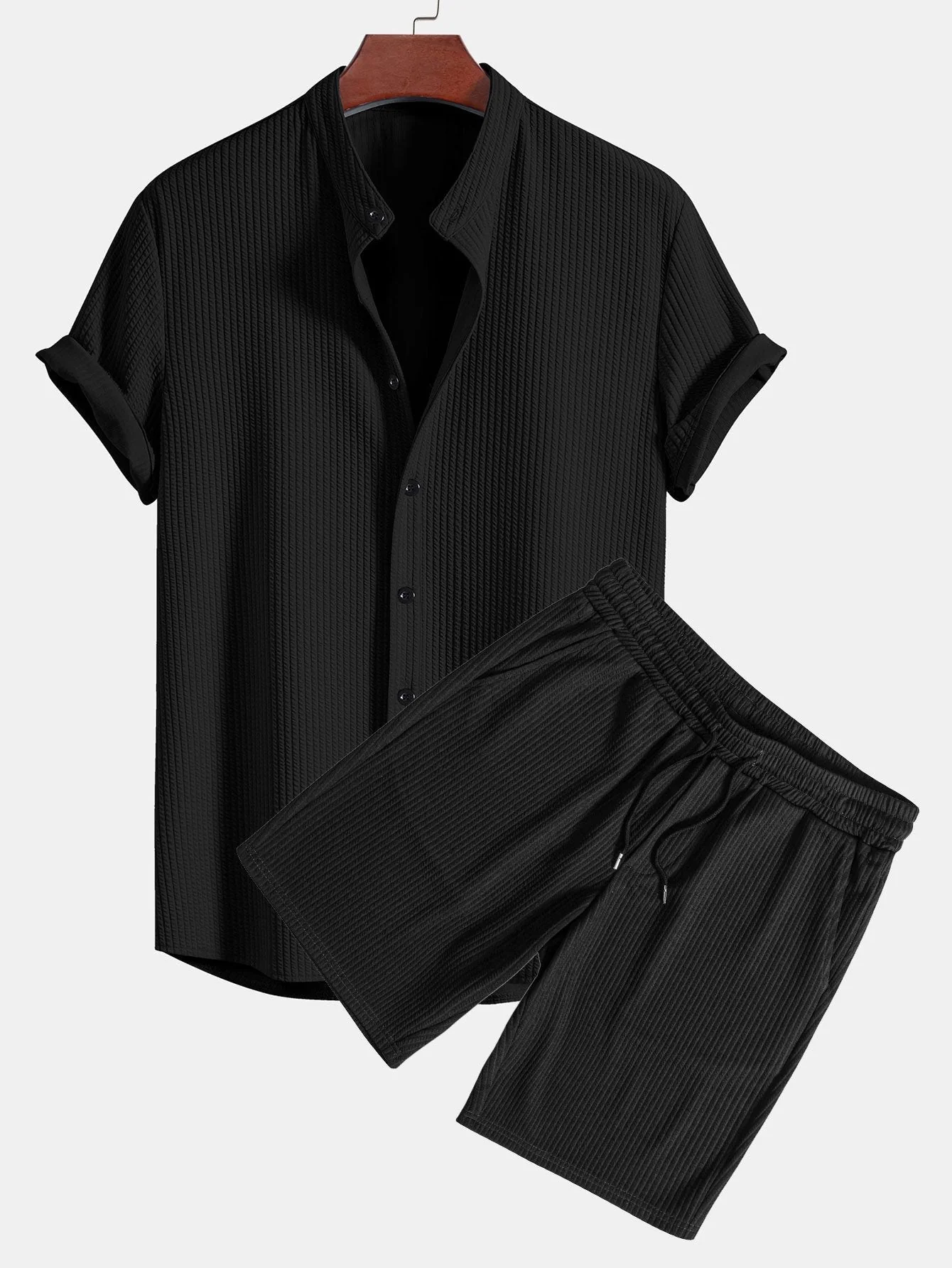 Carson® | Muscle Fit Ribbed Stand Collar Shirt & Shorts - Image 3