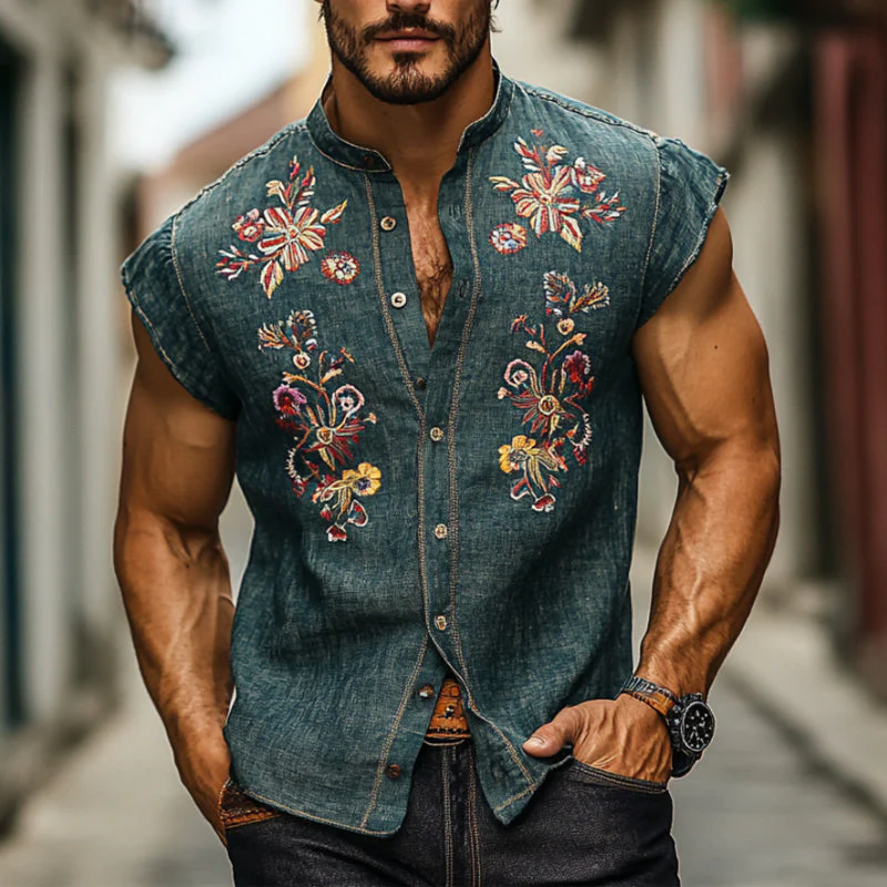 Cesar | Men'S Casual Cotton And Linen Embroidered Small Flying Sleeve Lapel Shirt - Image 2