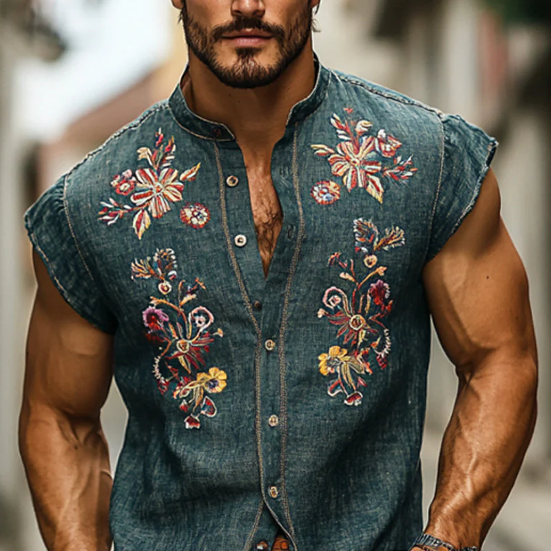 Cesar | Men'S Casual Cotton And Linen Embroidered Small Flying Sleeve Lapel Shirt - Image 4