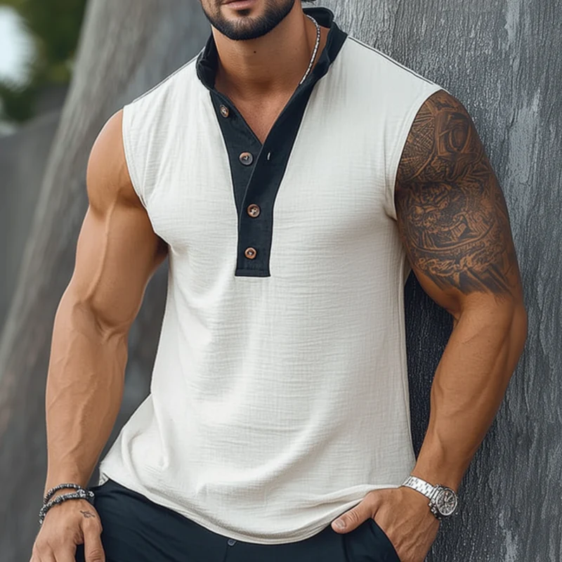 Charles | Men'S Casual Breathable Colorblock Cotton Linen Button Stand Collar Pullover Loose Tank Top - Image 2