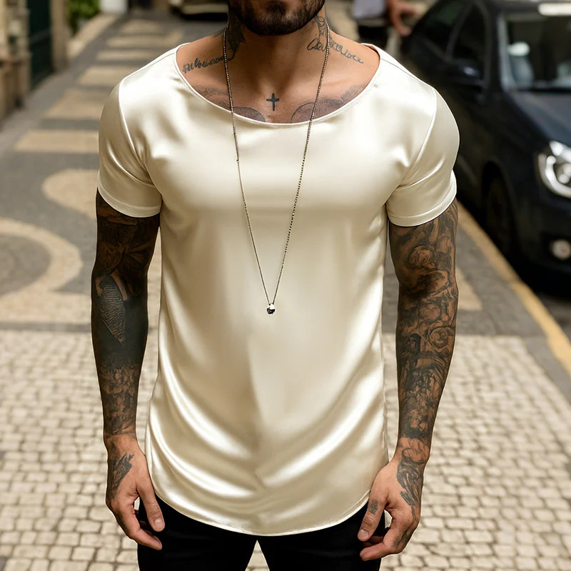 Charles | Men'S Retro Casual Satin Round Neck Elastic Short Sleeve T-Shirt - Image 2