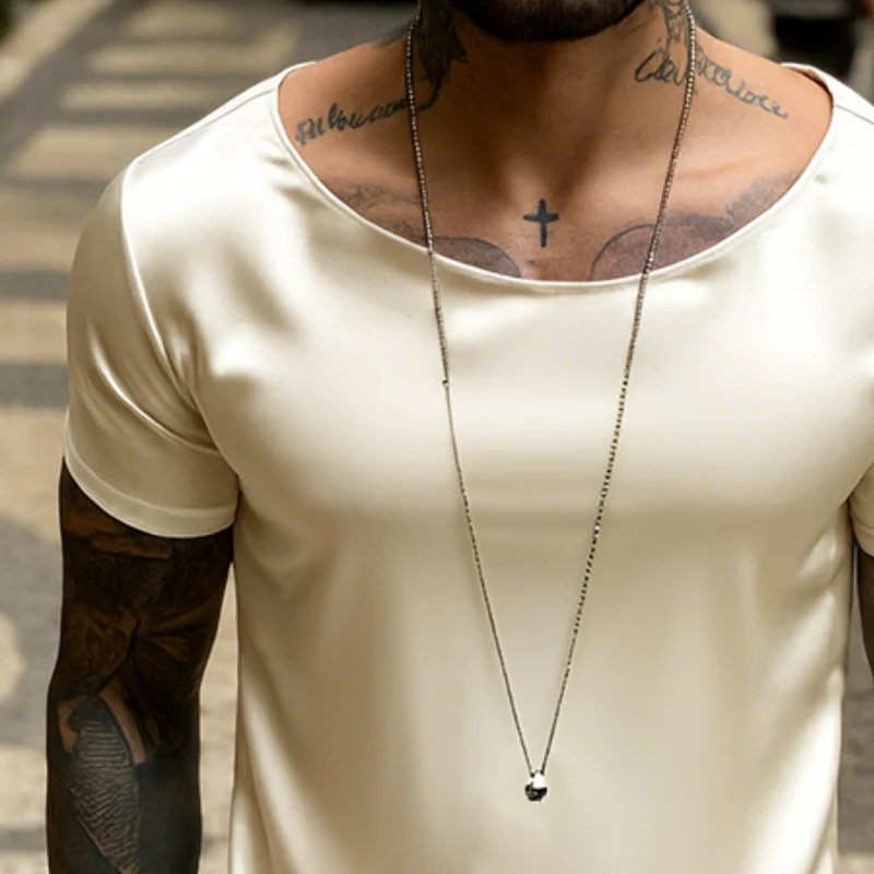 Charles | Men'S Retro Casual Satin Round Neck Elastic Short Sleeve T-Shirt - Image 3