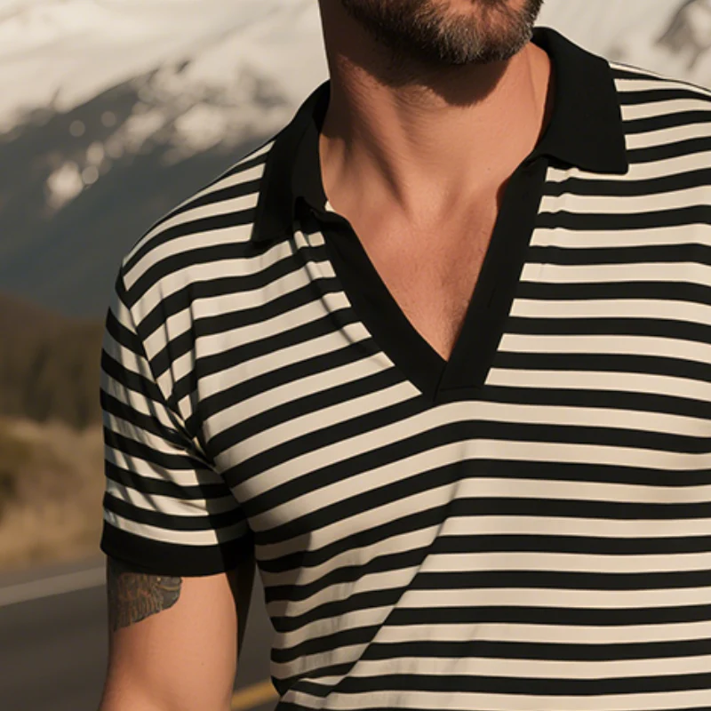 Charles | Men'S Retro Casual Striped Print Lapel Short Sleeve T-Shirt - Image 3