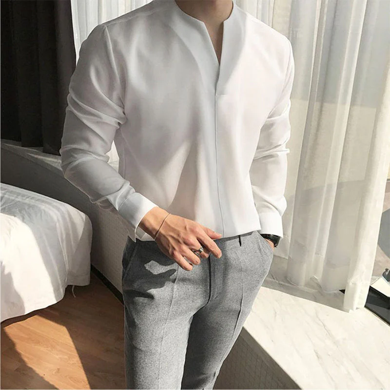 Chauncey® | Men'S Casual Solid Color Long-Sleeved V-Neck Shirt - Image 3