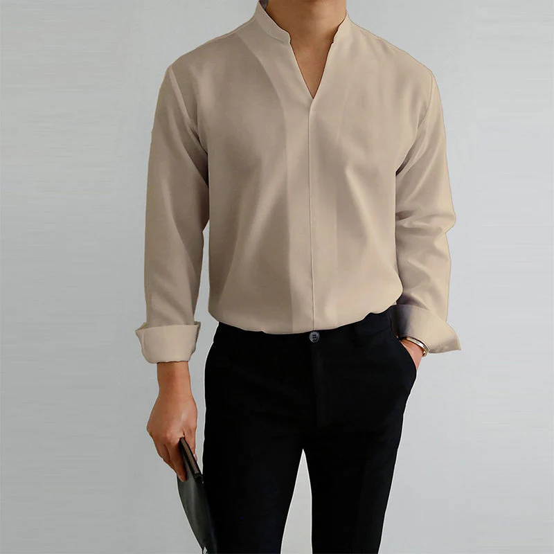 Chauncey® | Men'S Casual Solid Color Long-Sleeved V-Neck Shirt - Image 5