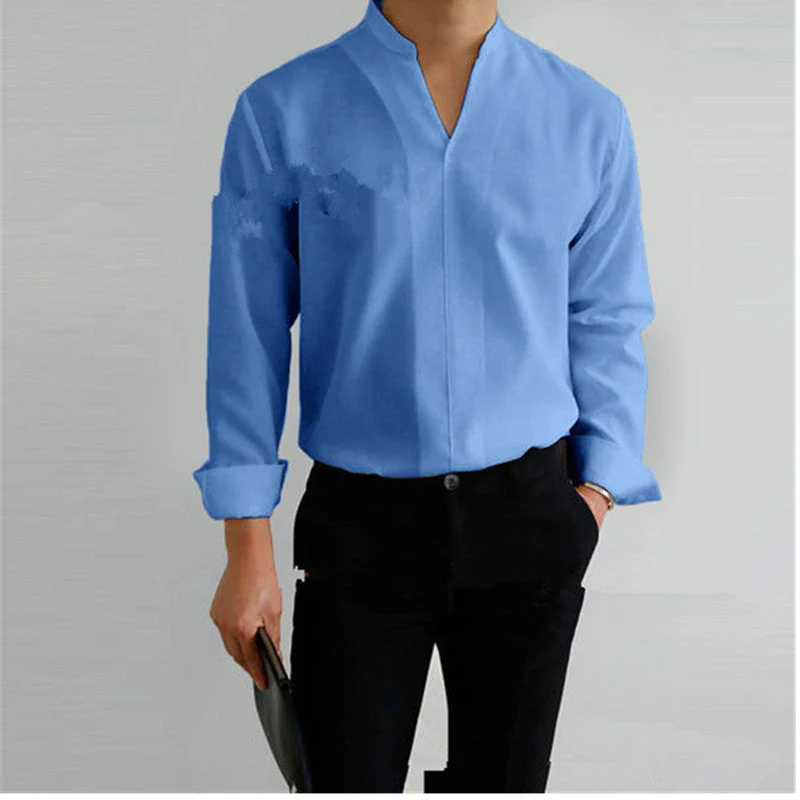 Chauncey® | Men'S Casual Solid Color Long-Sleeved V-Neck Shirt - Image 9