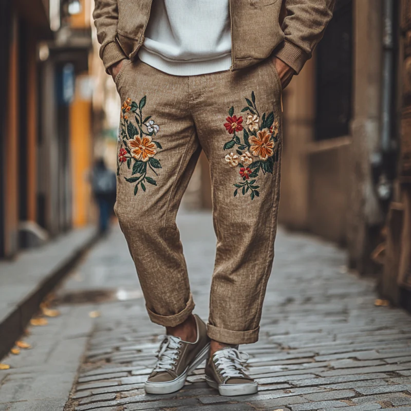 Chip | Men'S Vintage Elegant Flower Embroidery Breathable Linen Straight Pants - Image 2