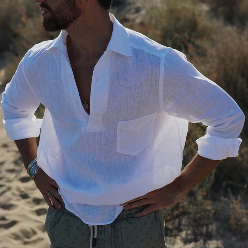Christian | Men'S Casual Solid Color Breathable Linen Button-Up Lapel Patch Pocket Loose Long Sleeve Shirt - Image 2