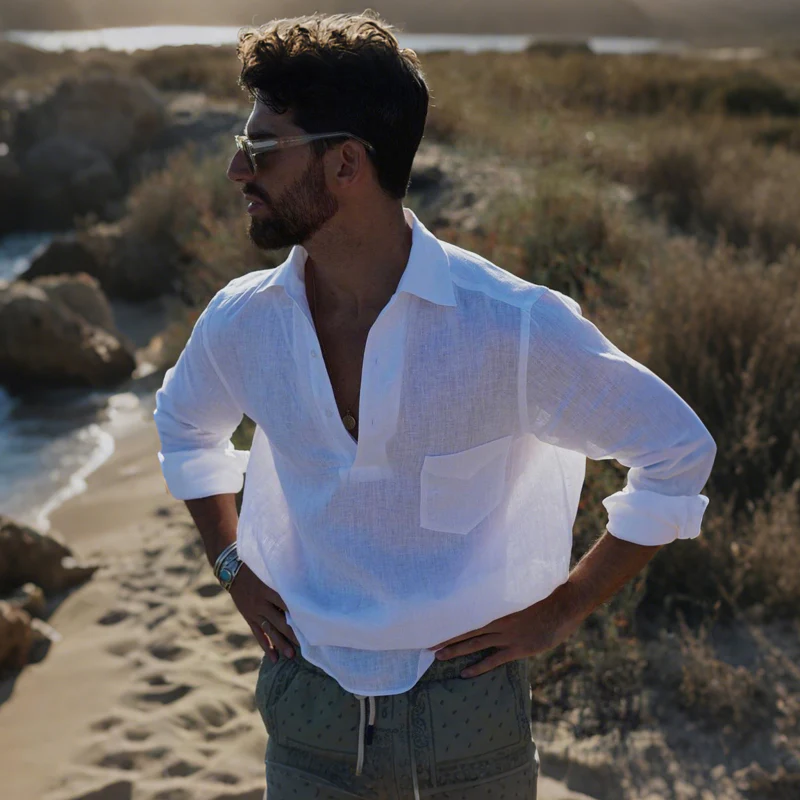 Christian | Men'S Casual Solid Color Breathable Linen Button-Up Lapel Patch Pocket Loose Long Sleeve Shirt - Image 3