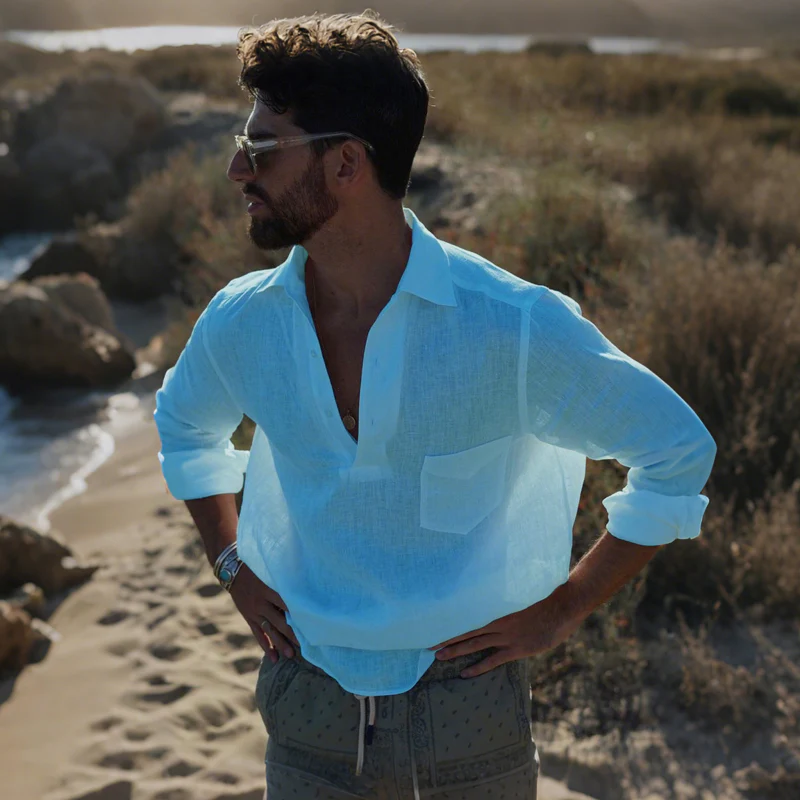 Christian | Men'S Casual Solid Color Breathable Linen Button-Up Lapel Patch Pocket Loose Long Sleeve Shirt - Image 4