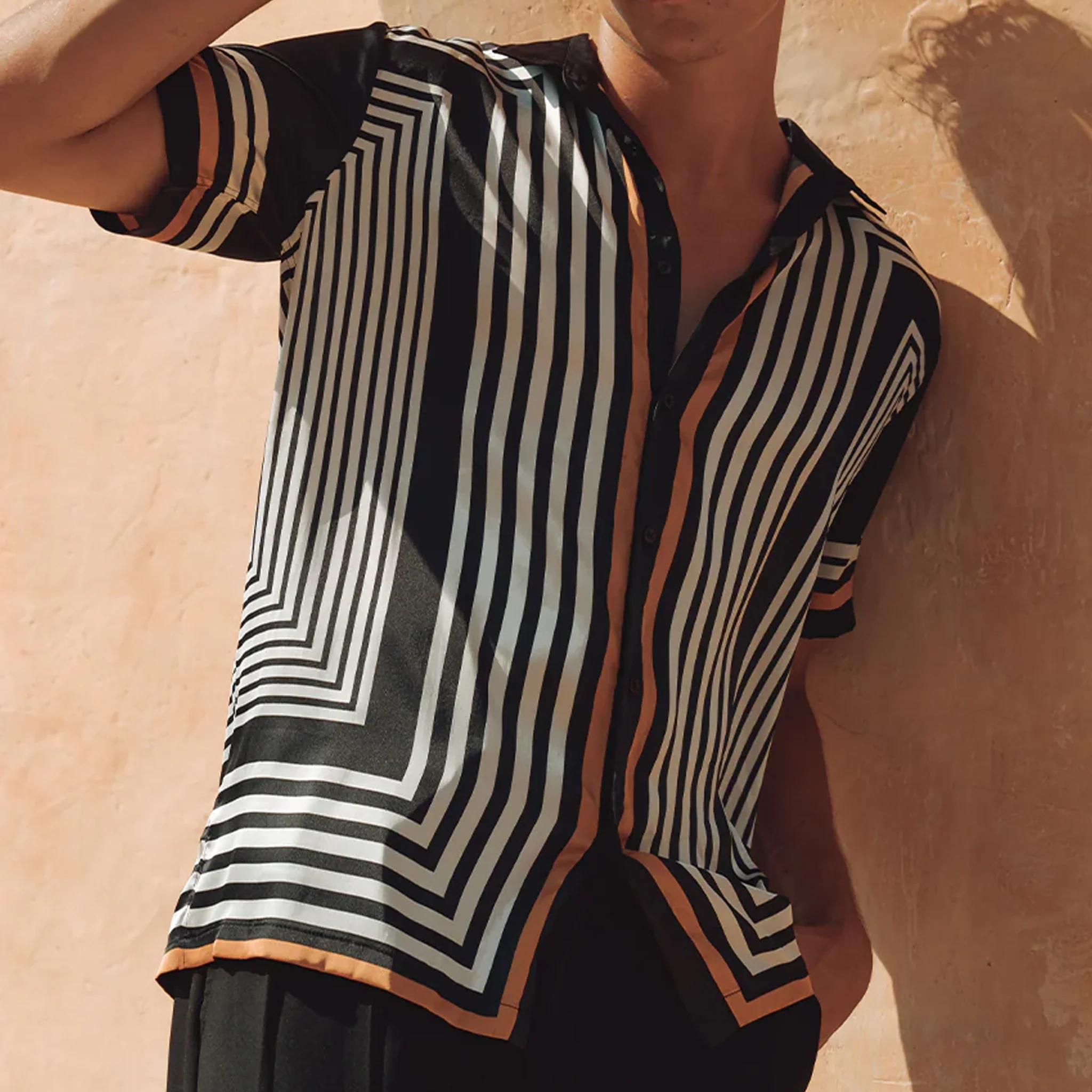 Christian | Men'S Retro Casual Contrast Stripe Printed Satin Short Sleeve Shirt - Image 3