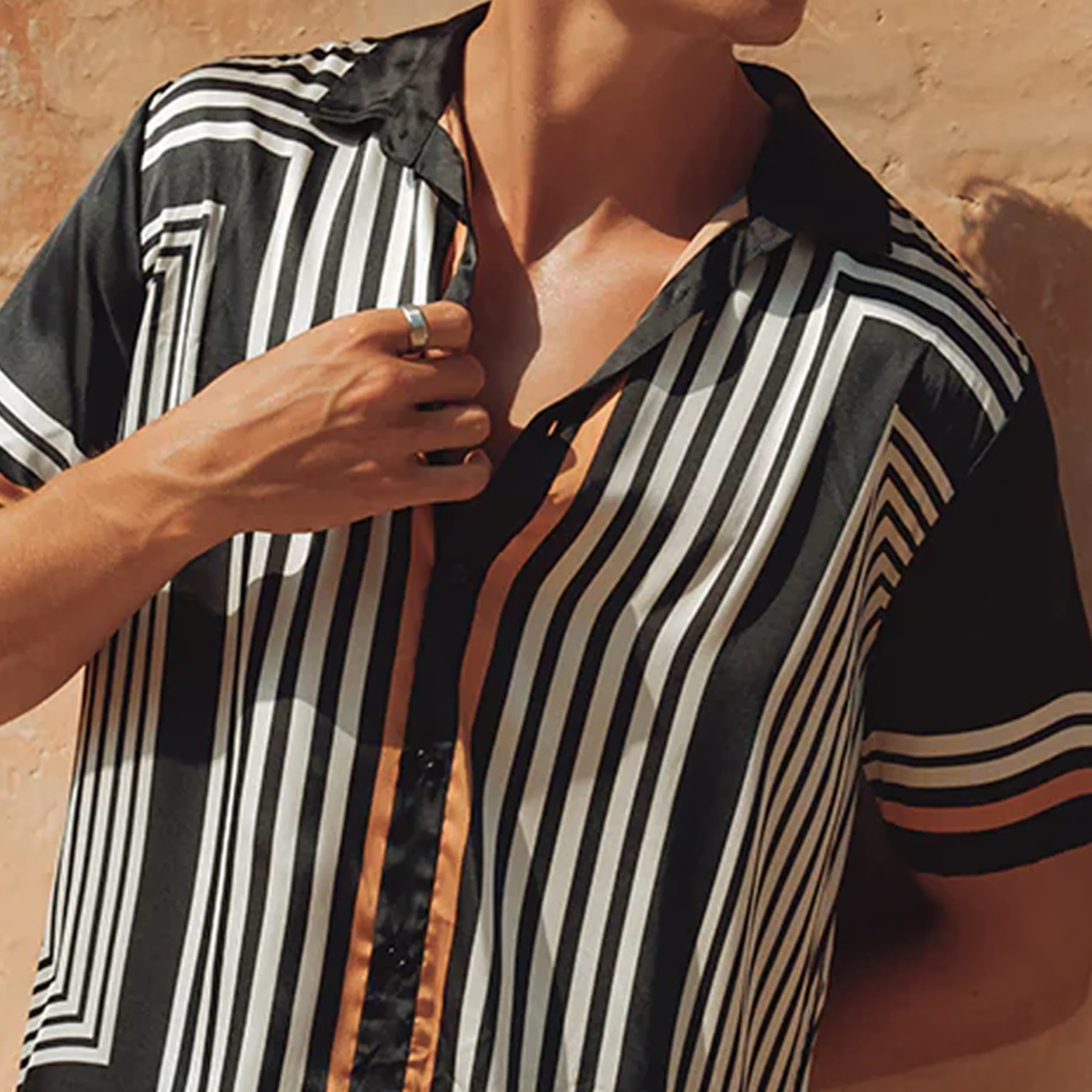 Christian | Men'S Retro Casual Contrast Stripe Printed Satin Short Sleeve Shirt - Image 6
