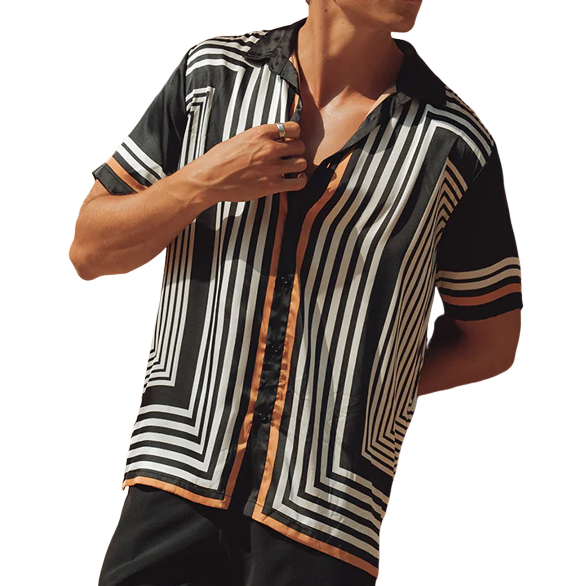 Christian | Men'S Retro Casual Contrast Stripe Printed Satin Short Sleeve Shirt - Image 9