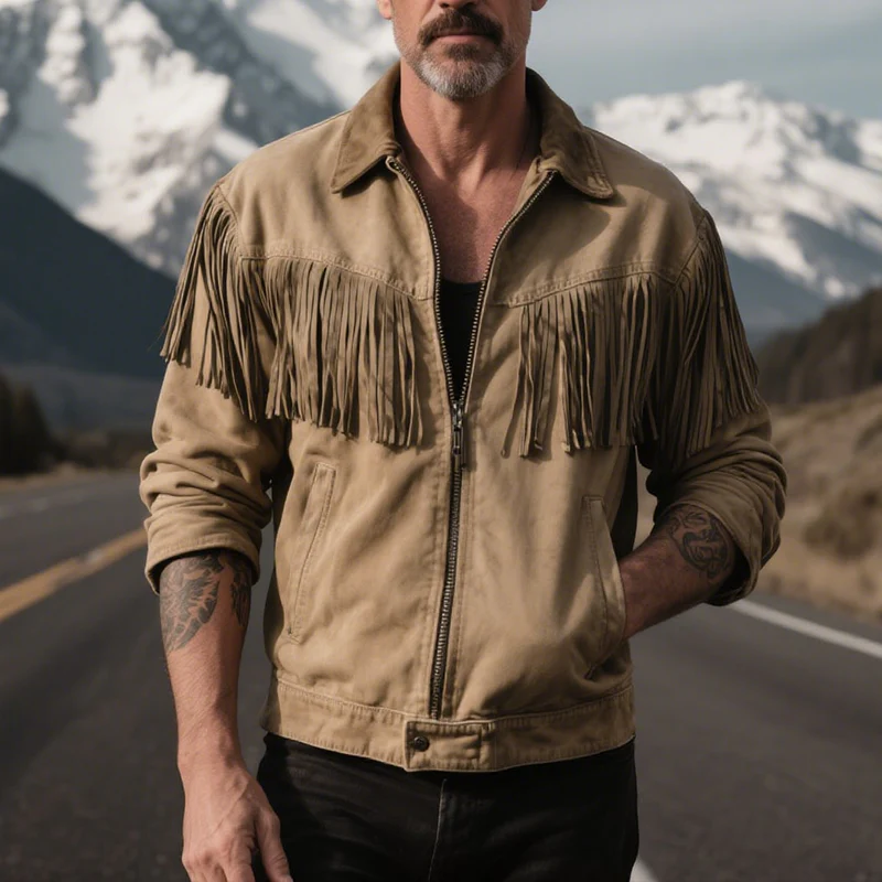 Christian | Men'S Retro Casual Wilderness Washed Short Tassel Lapel Jacket - Image 2