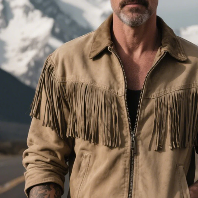 Christian | Men'S Retro Casual Wilderness Washed Short Tassel Lapel Jacket - Image 3