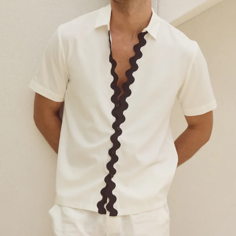 Chuck | Men'S Spring And Summer Fashion Casual Wave Ribbon Decorated Short Sleeve Shirt Shorts Set - Image 3