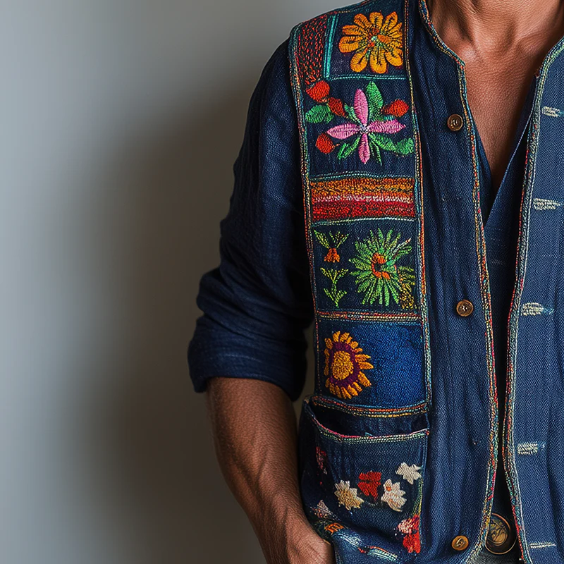 Chuck | Men'S Summer Fashion Premium Bohemian Embroidery Slub Linen Vest - Image 3
